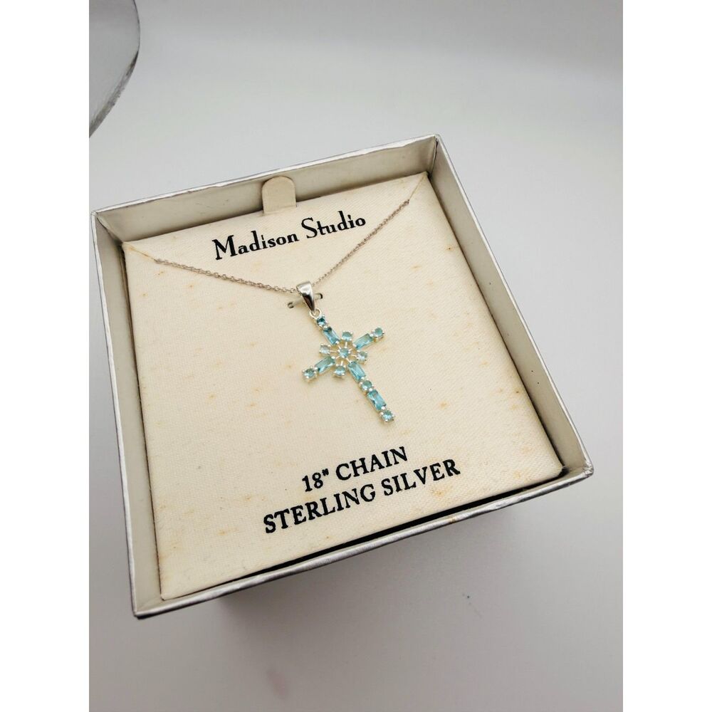 Vintage Fancy Blue Stone Cross Necklace - Sterling Silver